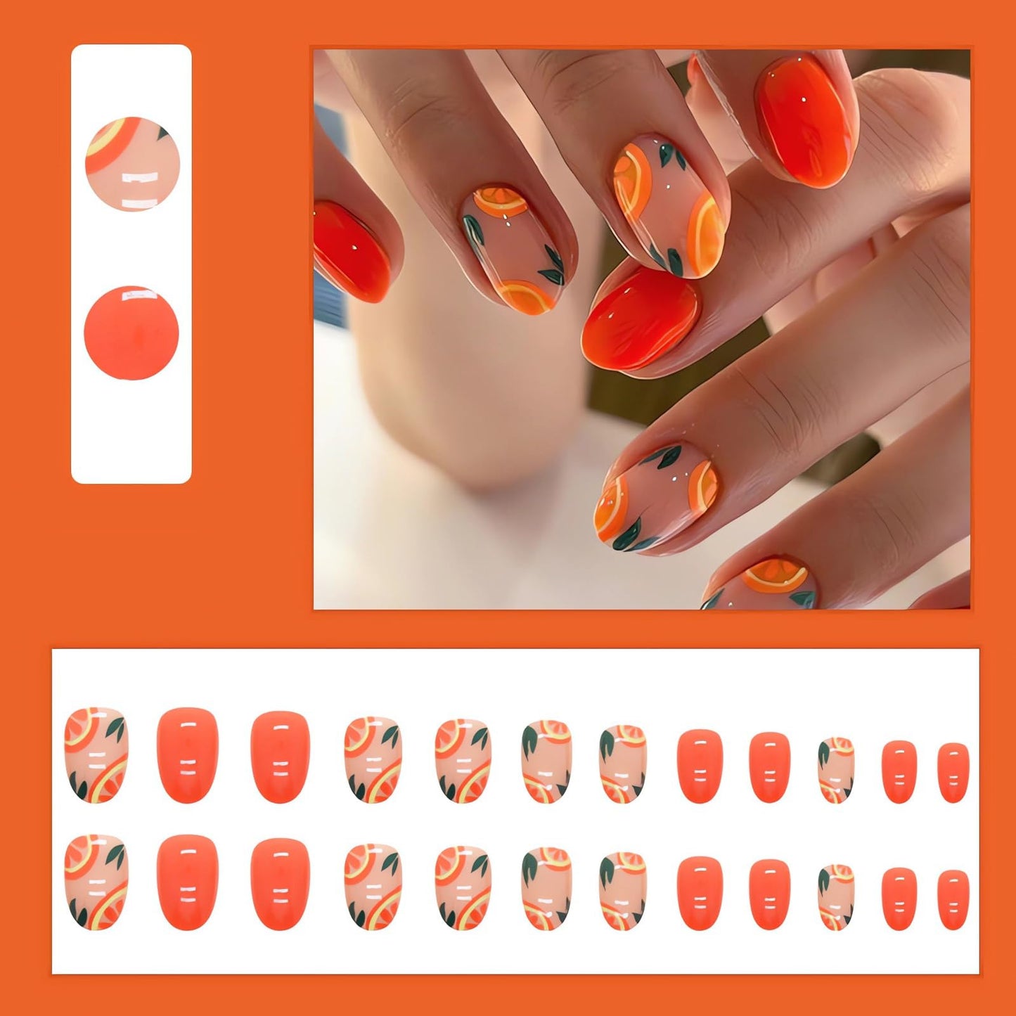 IMSOHOT Oval Short Press on Nails Orange French Tips Fake Nails Fresh Fruit Designs Nude Glossy Round Acrylic False Nails with Designs Cute Stick on Nails for Women and Girls 24Pcs