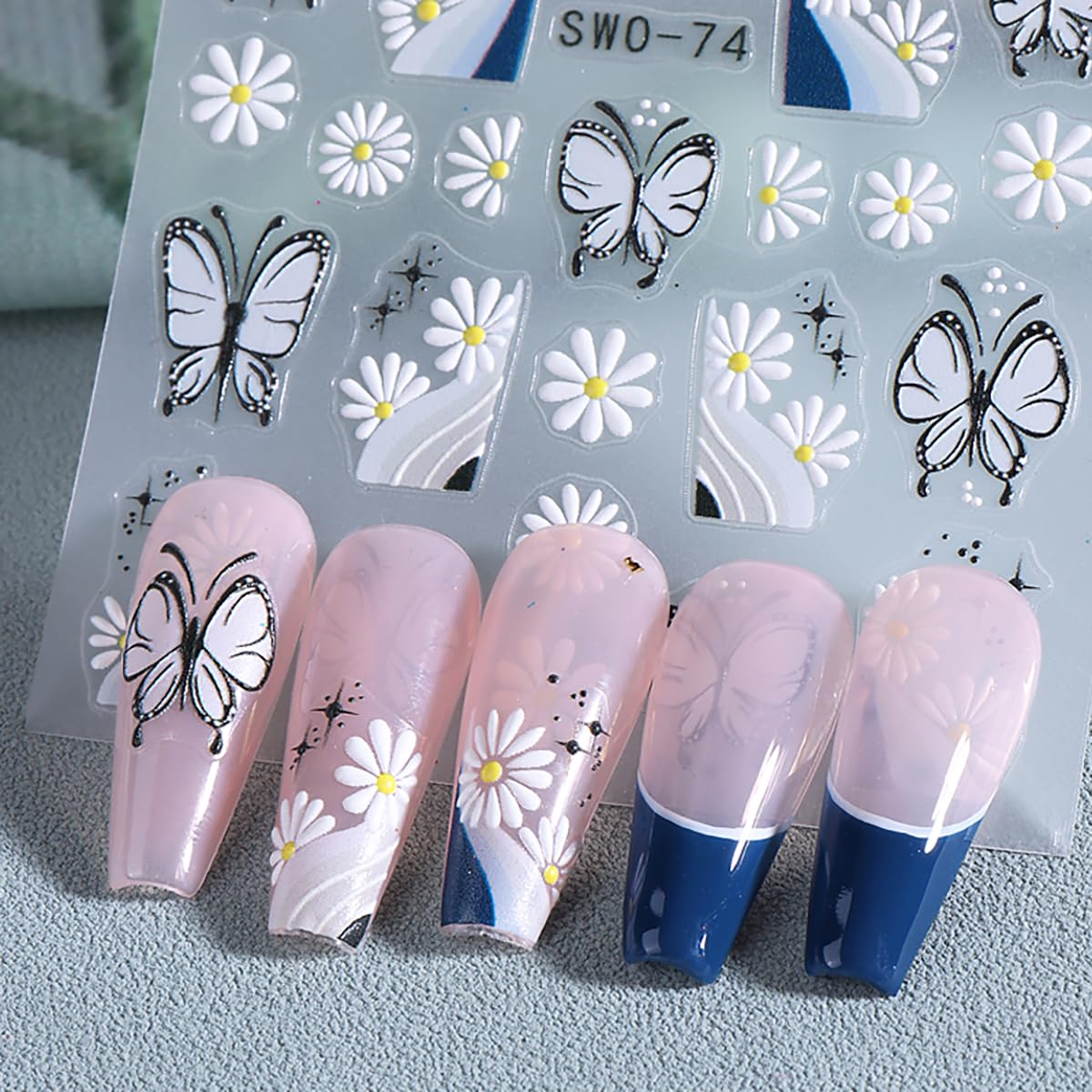Butterfly Nail Art Stickers Decals 3D Self-Adhesive Nail Decals Design Spring Summer Nail Daisy Flower Butterflies Nail Stickers Supplies for Women DIY Manicure Decoration 2 Sheet