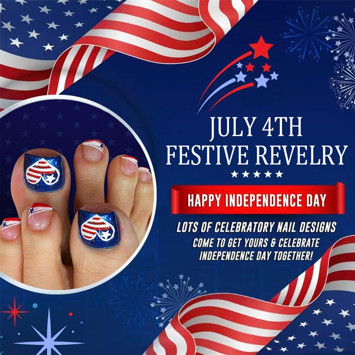 4th of July Press on Toenails Short Square Fake Toe Nails Star French Tip Glossy False Toenails Independence Day Heart Flag Toe Nail Press ons Acrylic Stick on Nails for Women 24Pcs