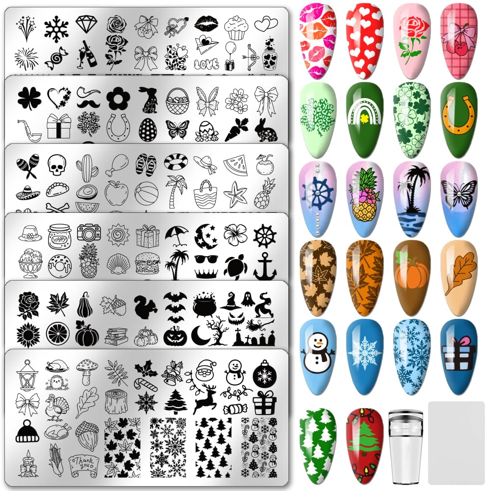 PH PandaHall 6pcs Holiday Themes Nail Stamping Plates Valentines Easter Nails Art Stencils Summer Beach Manicure Art Templates Halloween Christmas Nails Stamp Design for Women Manicures Salon Design