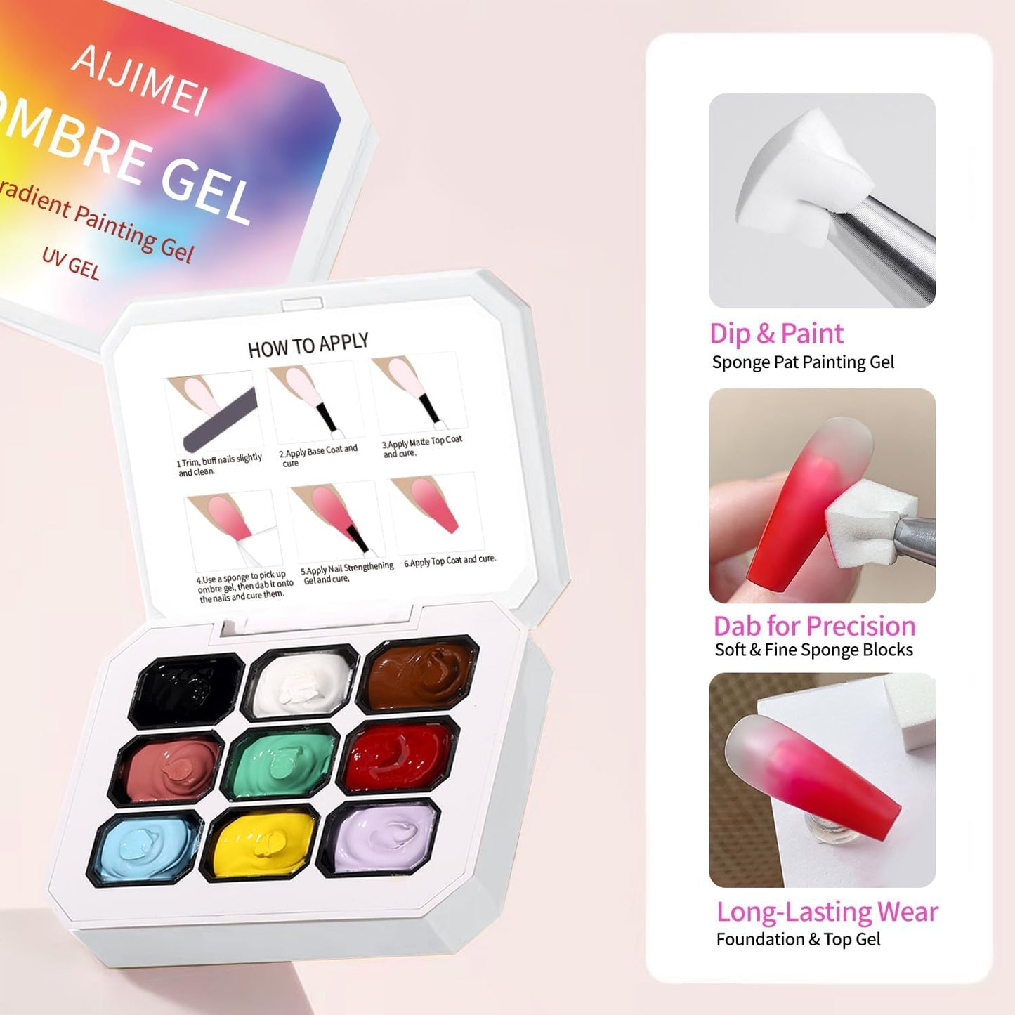 AOBOO 9 Colors Ombre Gel Nail Polish Palette Pat Gradient Painting Gel With 100PCS Nail Sponges & Grabbing Pen ,Soft And Easy To Shoot For Acrylic And Natural Nails ,French Manicure DIY Nail Art (6)