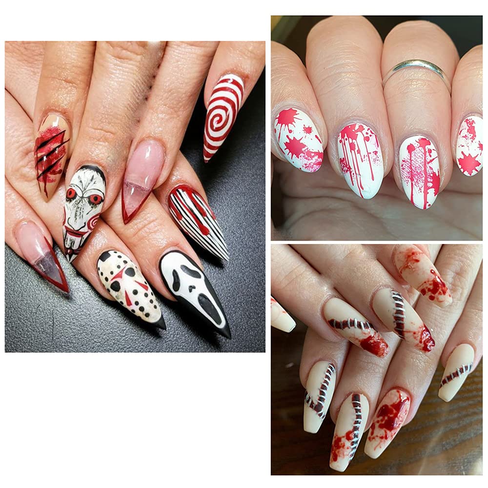 TOFD Blood Nail Art Stickers Halloween Sticker Decals, Self Adhesive 3D Supplies Scar Clown Snake Eye Heart Designs for Women Girls Acrylic Nails, 4 Count (Pack of 1)
