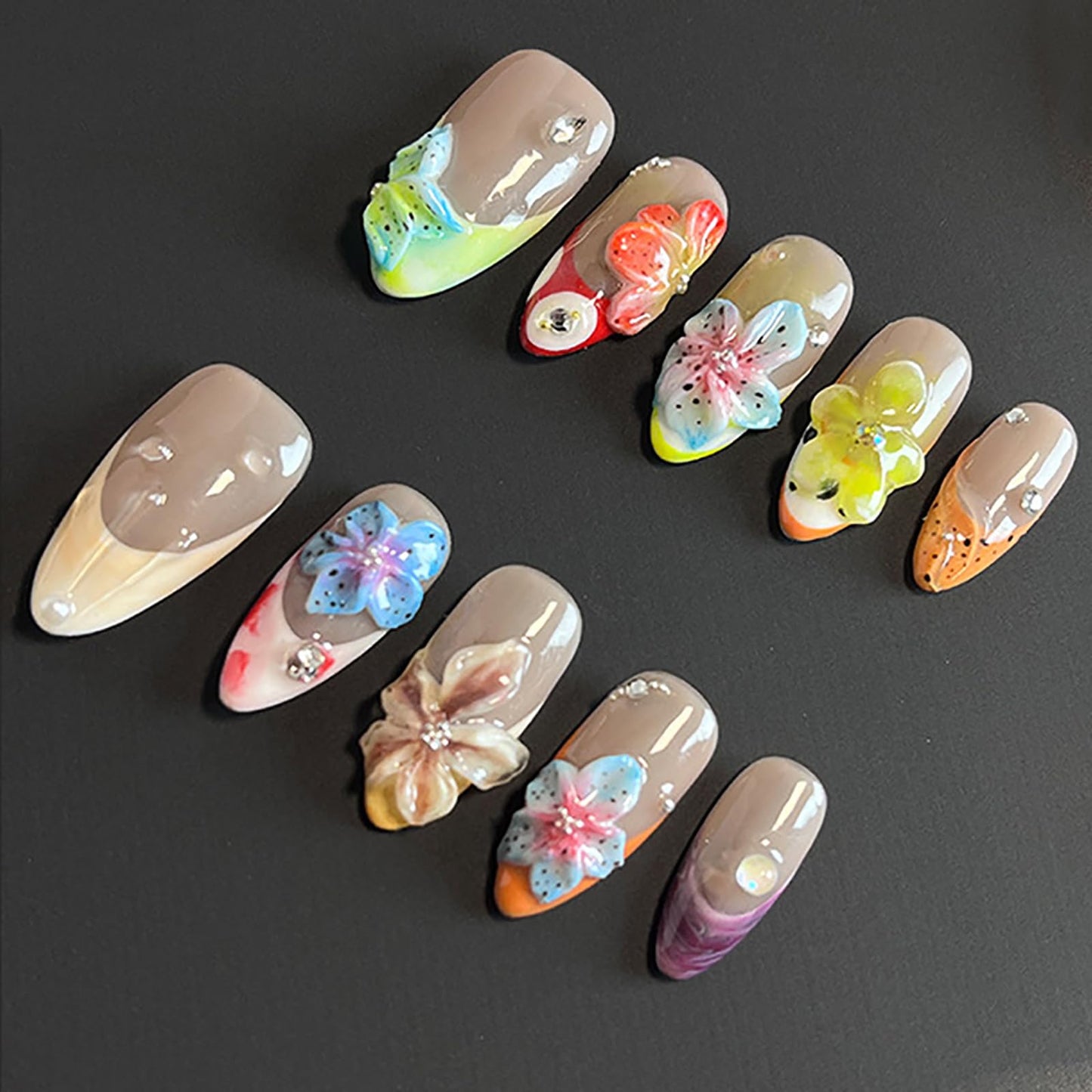 Luxury Press on Nails Medium Almond Handmade 3D Unique Reusable ABS Material Fake Nails French Tip False Nails with Designs Rhinestones Flower Art Petal Glossy Glue on Nails Thick Acrylic Nails(M)