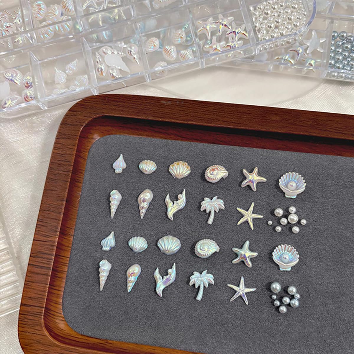 Summer Beach Nail Charms, 3D Seashell Starfish Palm Tree Nail Art Accessories with Full Round Pearl, Ocean Theme Nail Gems Beads, Summer Nail Design for Women Crafts DIY Manicure 2Boxes