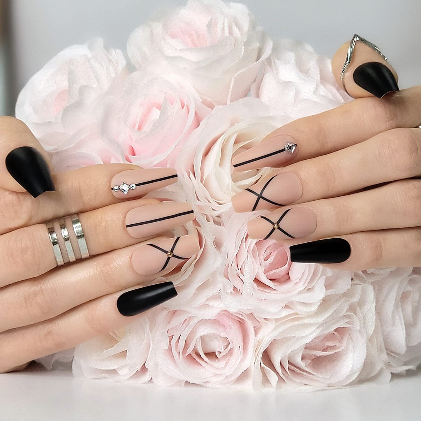 Hypnaughty 24 Pcs Monaco Black Matte and Nude Luxury Design with Rhinestones Coffin Press on Nails with Glue Medium Long Reusable Fake Nails (Monaco)
