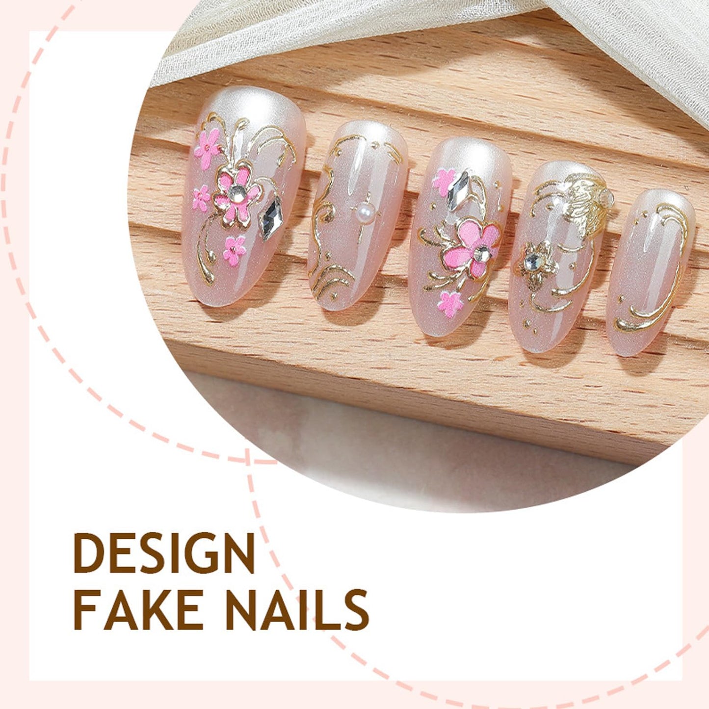 30Pcs Flower Press on Nails Medium Almond Fake Nails with 3D Rhinestone Pearls Design Gilded Flowers Star False Nails Nude Pink Smudge Full Cover Spring Summer Floral Artificial Acrylic Nail for Women