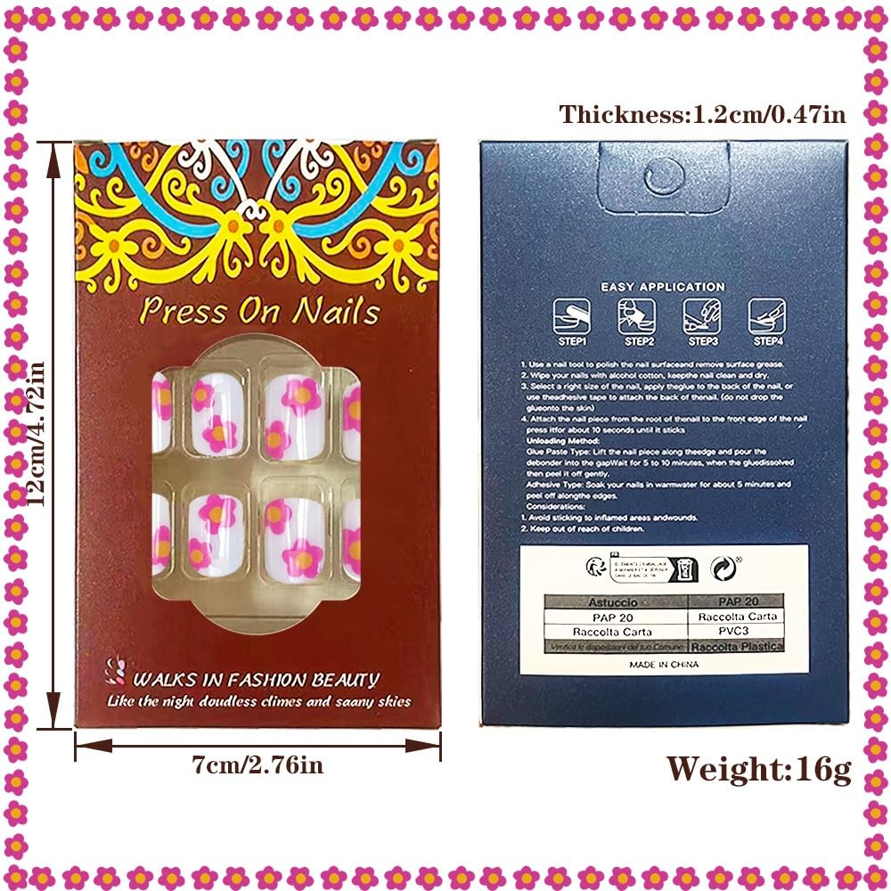 Flower Press on Nails Short Square Fake Nails with Rose Pink Floral Design Glossy Skin Tones Glue on Nails Daisy Nails Press ons Reusable Full Cover Spring Acrylic Nails for Women Manicure 24Pcs