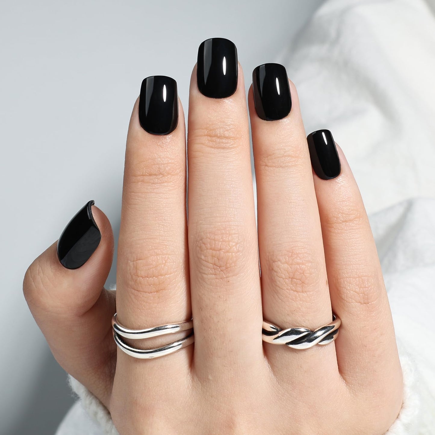 Black Press On Nails Square - Short Square Goth Fake Nails with Nail Glue, Solid Black Press On Nails Reusable Gothic Stick On Nails in 15 Sizes - 30 Nail Kit for Women & Girls | Salon Quality