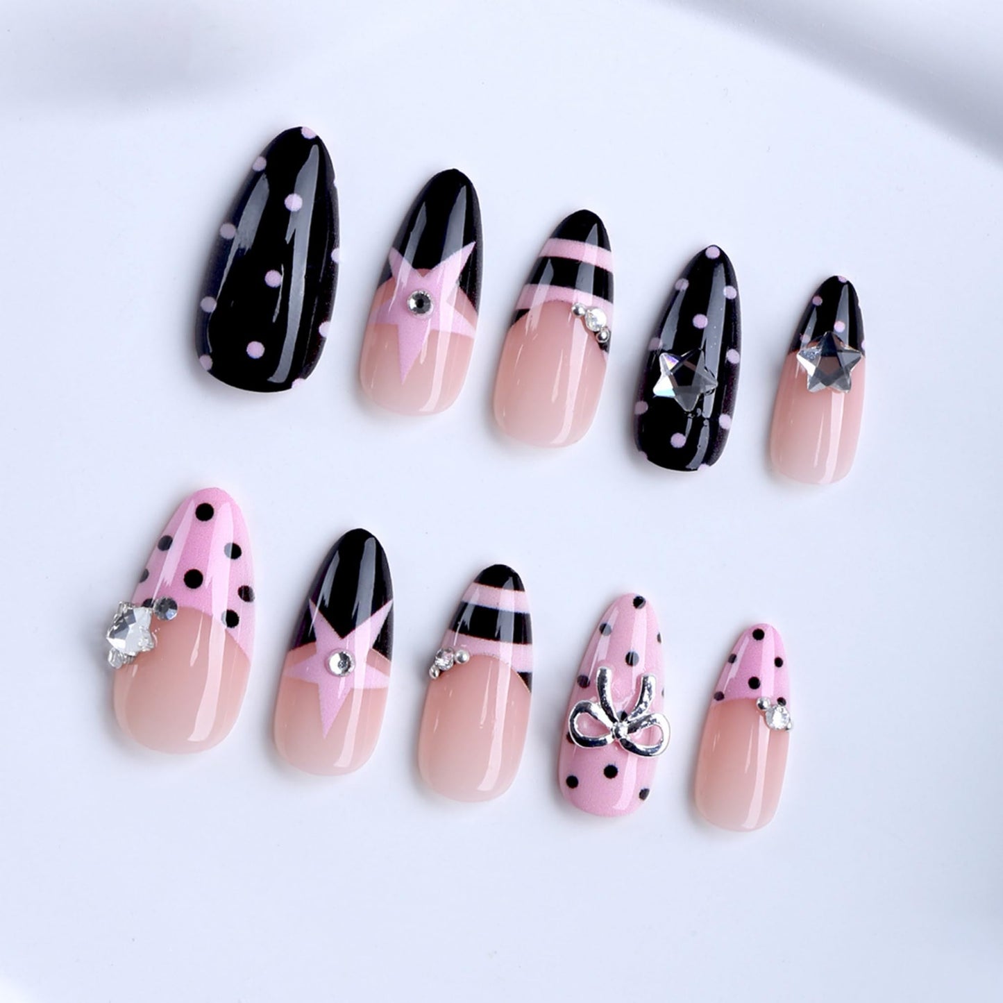 Long Press on Nails Almond Fake Nails Brown Artificial Nail Seeneey Y2K and Pink Stars Designs Cute Stick on Nail for Women 24pcs