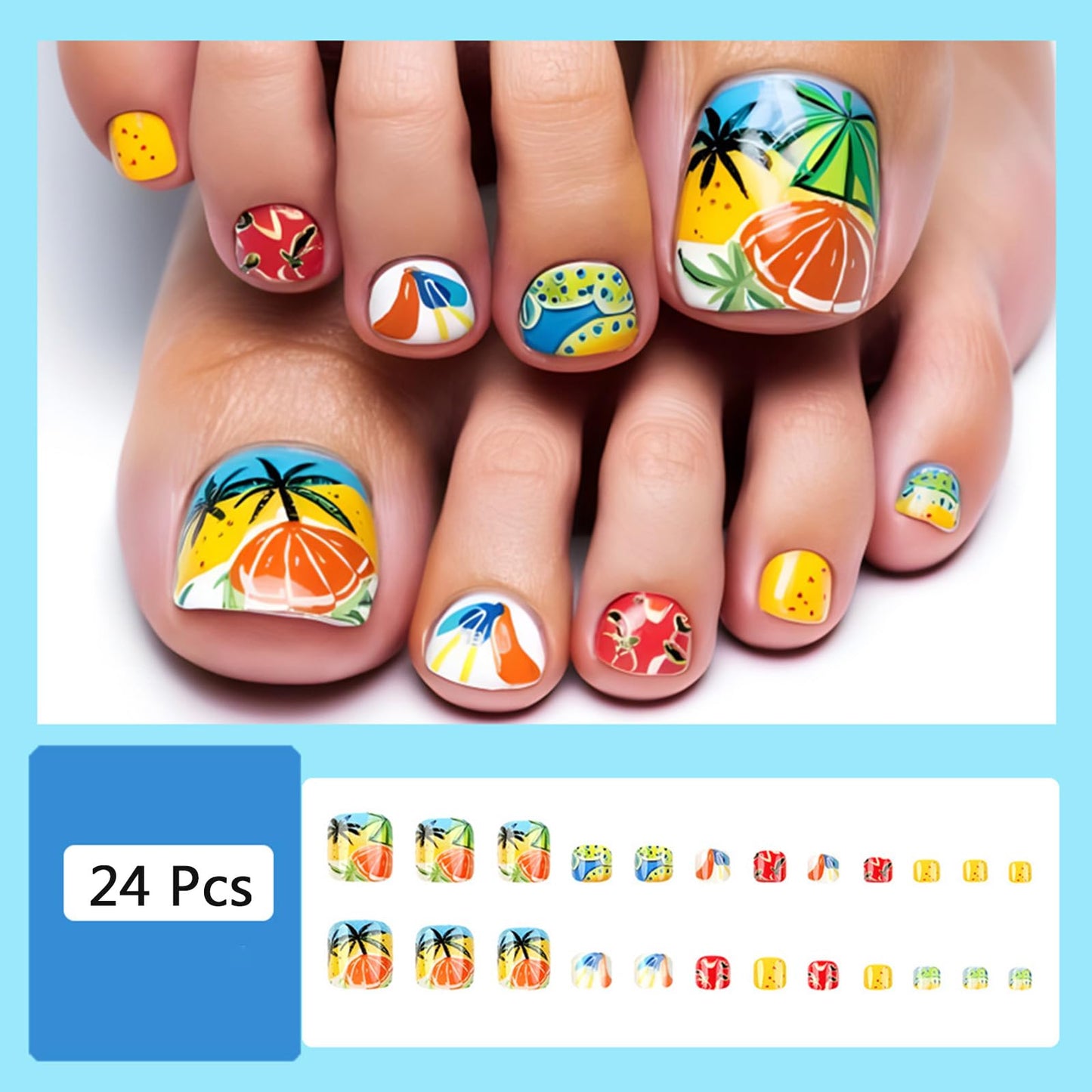 Summer Beach Press on Toenails Short Fake Toe Nails with Orange Coconut Tree Seagull Designs Summer Toenail Press ons Glossy Acrylic False Toenails Reusable Glue on Toe Nails for Women