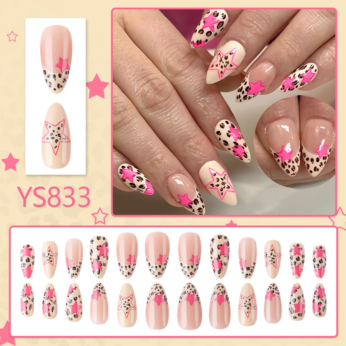 Leopard Print Press on Nails - Medium Almond Fake Nails Press ons with Pink Star Design, Leopard French Tip False Nails, Full Cover Stick on Nails for Women Manicure, Glossy Finish | 12 Sizes - 24 Pcs