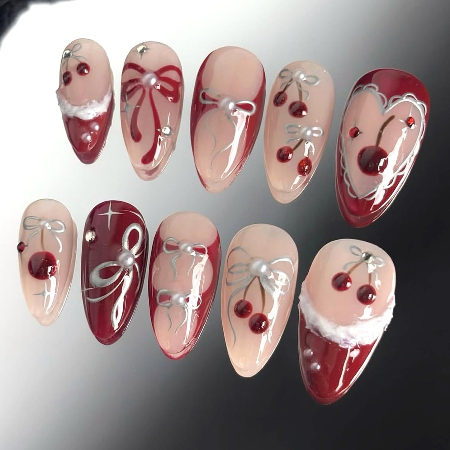 30pcs French Tip Press on Nails Medium Almond Fake Nails with 3D Bow Pearl Sweet Style French Cherry False Nails Cute Bow Press on Full Cover Artificial Glue on Nails Rhinestone Stick on for Women