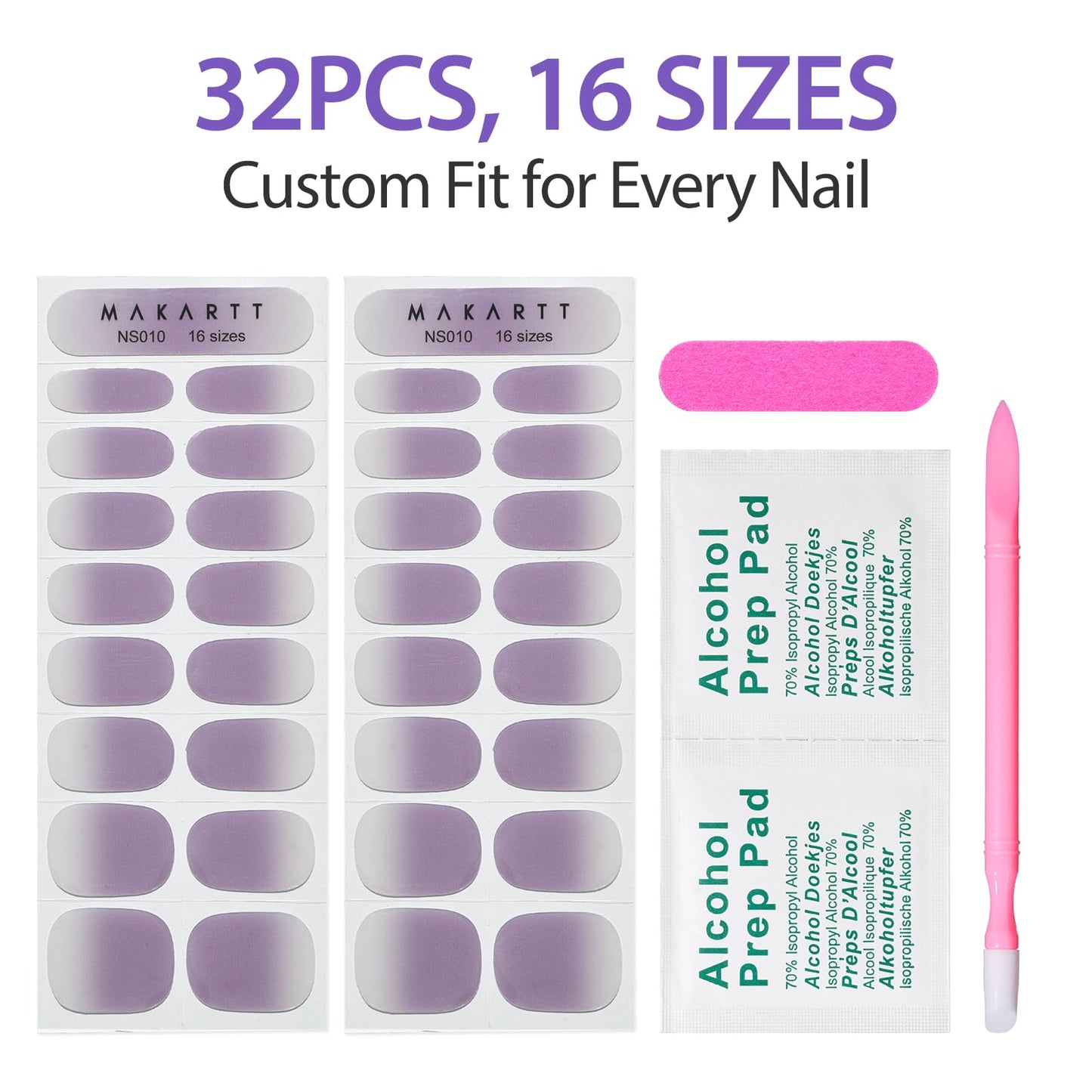 Makartt Semi Cured Gel Nail Strips Kit 2 Packs – Real Gel, Hema & TPO Free, 16 Sizes Anti-Lift Design, UV Required, Long Wear, Dual-Ended Tool & Prep Kit (Lavender Ombre)