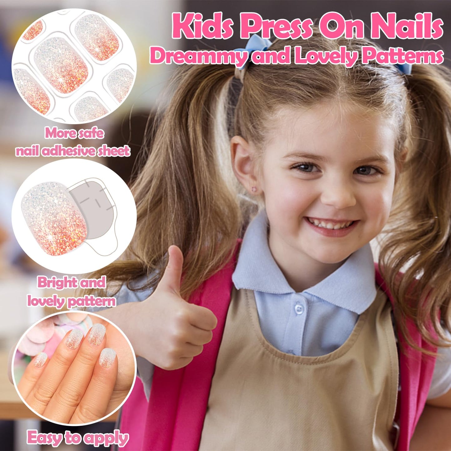 240 Pieces Fake Nails for Kids Girls Artificial Kids Press on Nails Full Cover Short Acrylic Stick On Nails False Nail Tips Kit for Children Little Girls Nail Art Decoration (Sparkle)