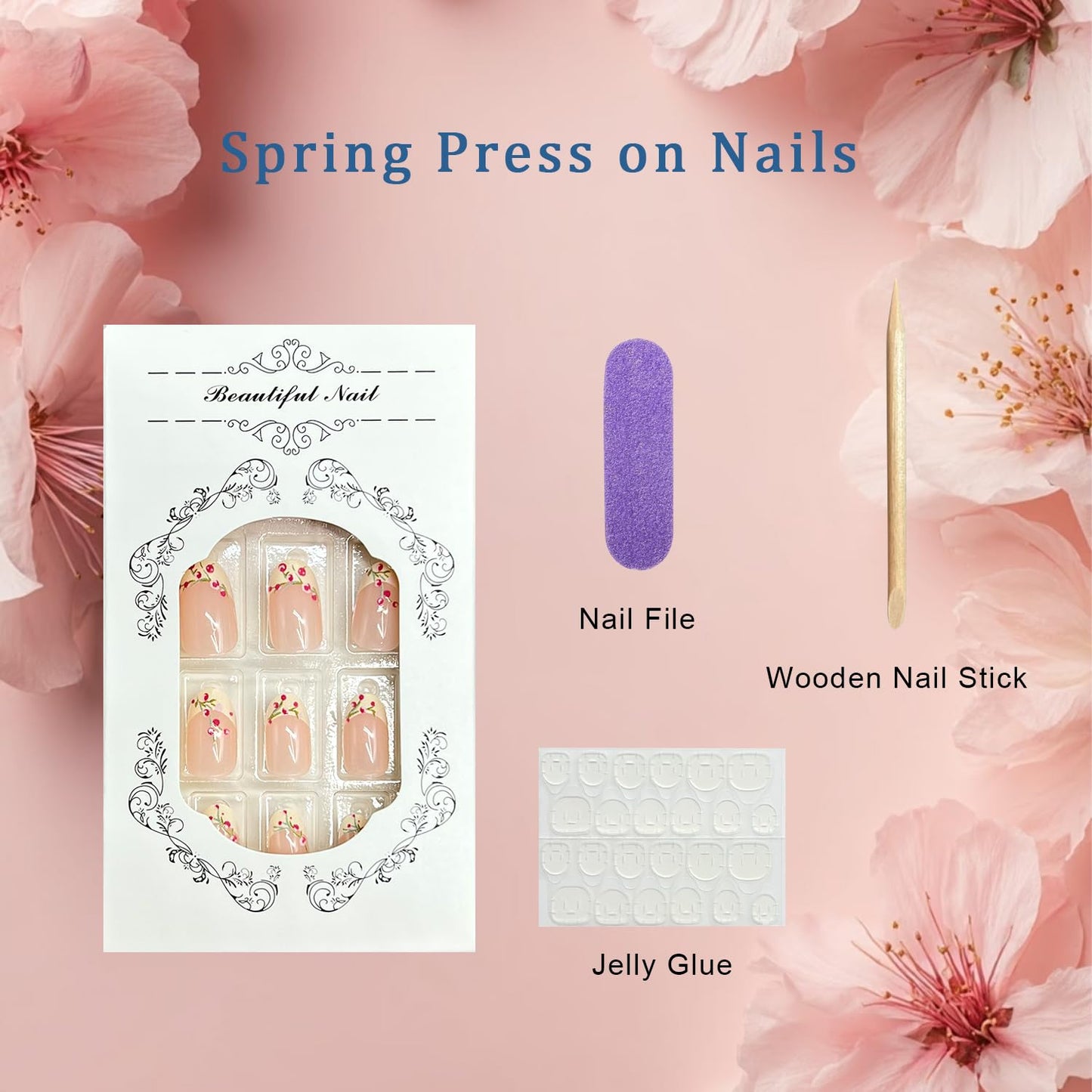 Flower Press on Nails Short Almond Fake Nails with Yellow French Tip Design Spring False Nail Reusable Glossy Full Cover Reusable Stick on Nail For Women Manicure 24 Pcs