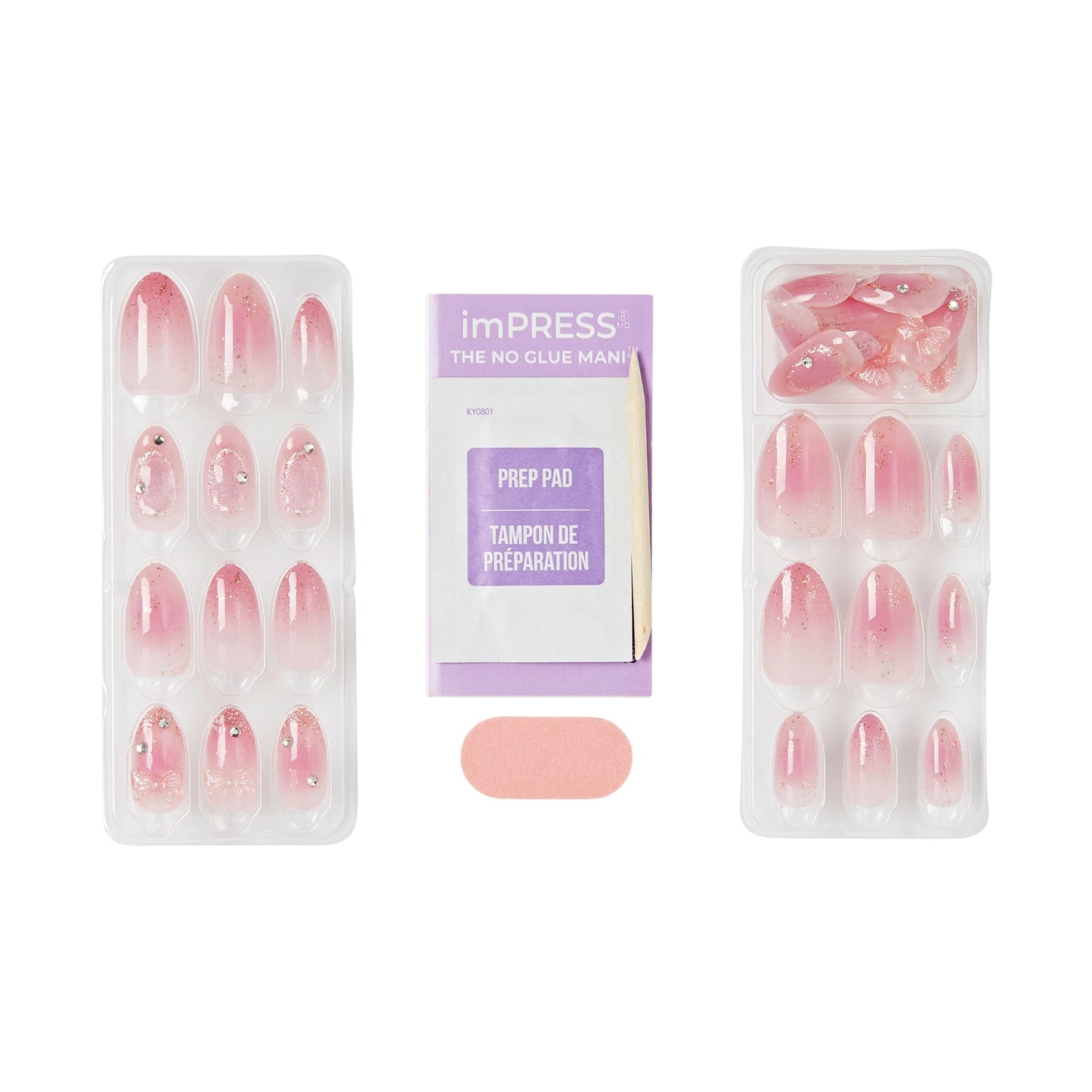 Kiss Impress No Glue Mani Press On Nails, Design, 'Venus', Pink, Medium Size, Almond Shape, Includes 30 Nails, Prep Pad, Instructions Sheet, 1 Manicure Stick, 1 Mini File