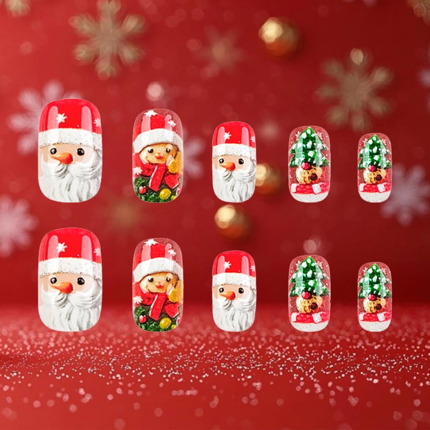 Christmas Medium Square False Nails Glossy Red Christmas Hat Acrylic Fake Nail Cartoon Santa Claus Press on Nails 24Pcs Xmas Tree Stick on Fingernails Snow Gel Glue on Nail for Women Xmas Gift