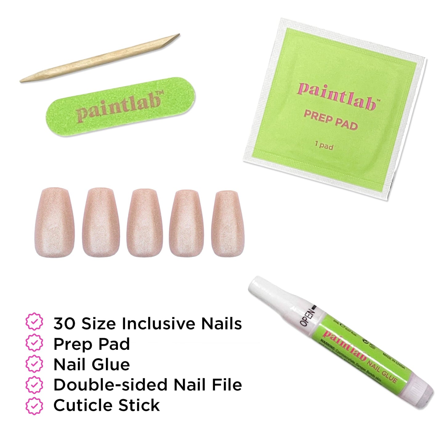 PaintLab Press-On Nails Manicure Kit, Shimmer & Glow Coffin, 30-Piece Set, Long-Lasting Fake Nails with Glue, File, Prep Pad & Cuticle Stick