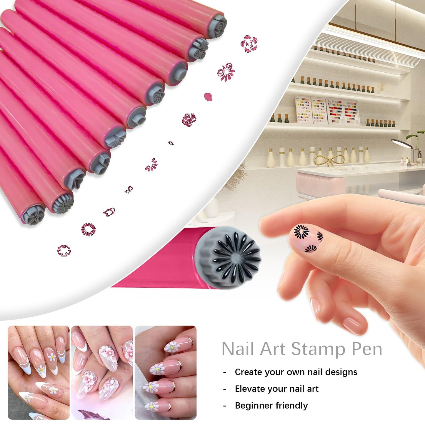 10Pcs Nail Art Stamp Pen Nail Art Flower Stamp Pen with 3 in 1 Nail Magnets tools Nail Magnet Stripe Nail Magnet kits, Nail Art Stamp Pens DIY Nail Art Tools for Salon DIY Home Manicure