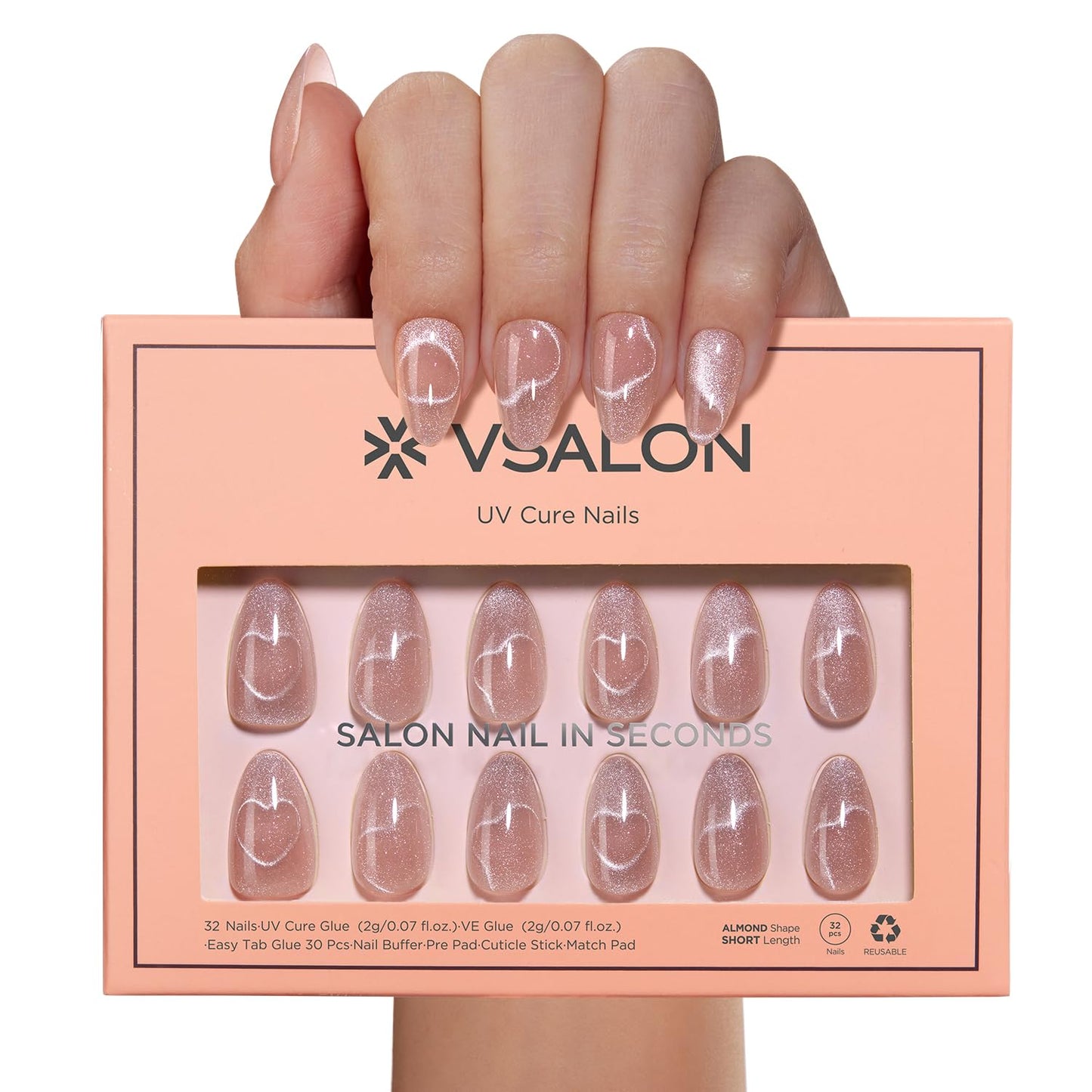 VSALON Press On Nails Short Almond, Nude Pink Cat Eye & Ribbon Cat Eye Silver Fake Press On Nails Set