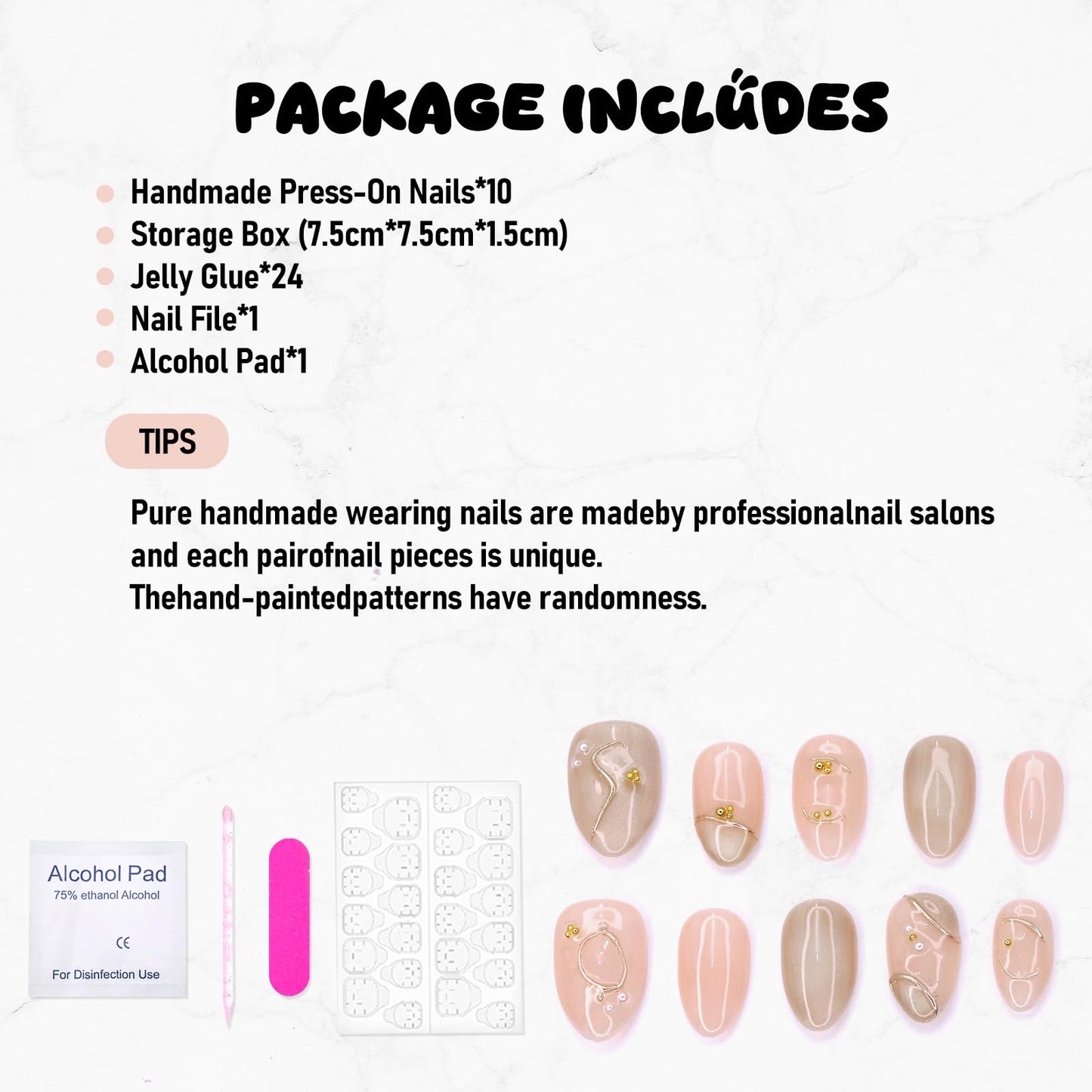 Handmade Press on Nails Short Length Thick Acrylic Nails Glitter False Nails with Steel Ball & Pearl Designs Almond Shaped Fake Nails French Full Cover Stick on Nail for Women (Size S）