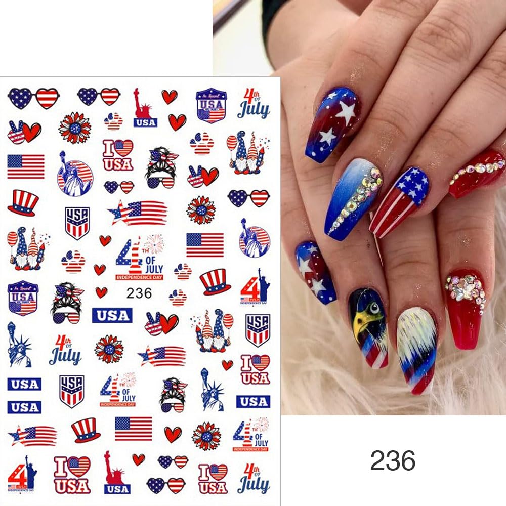 4th of July Nail Art Stickers Red Blue White American Flag Nail Stickers Fireworks Eagle Nail Decals Independence Day Patriotic Nail Art Supplies for Women DIY Manicure Nail Decoration 6Pcs