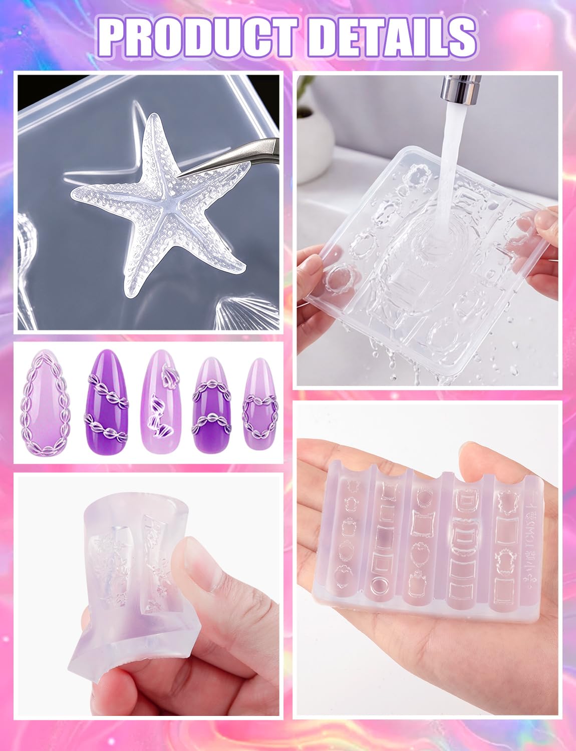 9 Pcs 3D Nail Art Silicone Resin Molds, 3D Art Flowers Nail Charm Molds Letter Resin Mold, Multiple Shapes Butterfly Shell Photo Frame Skull Nail Design Mold for DIY Manicure Accessories Supplies