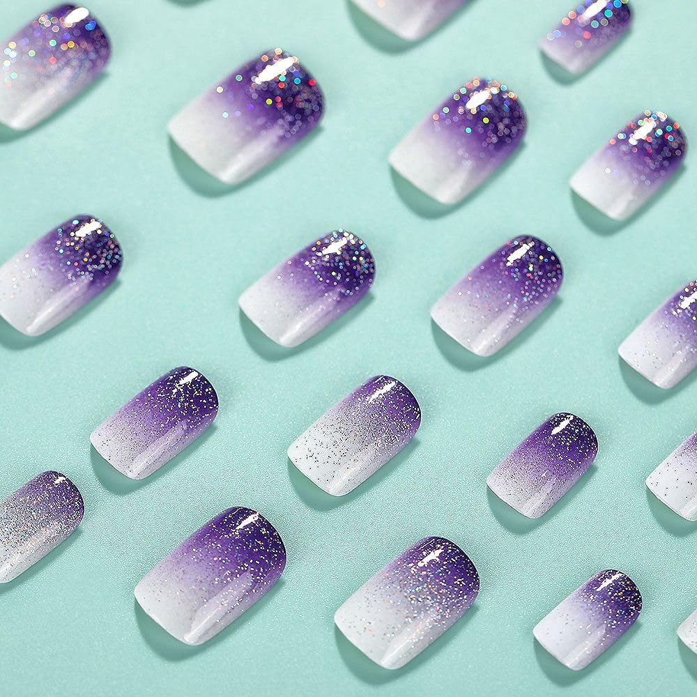Rilafuvu Square Press on Nails Short Fake Nails Purple Gradient Glue on Nail Glitter Acrylic Nails Glossy False Nails Press on Nails for Women and Girls 24Pcs