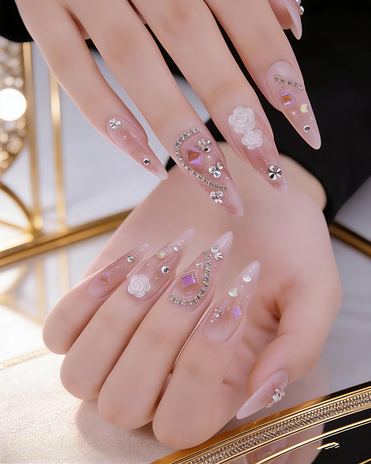 CAMILCY Handmade Press on Nails Long Stiletto Glossy Nude Pink Fake Nails with 3D Flowers Rhinestones Luxury Crystal Bling Acrylic Nails Reusable Stick on Nails for Women (B04, L)