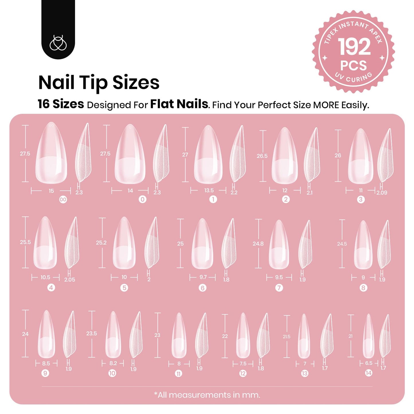 Beetles Tipex Instant Apex Nail Tips, Stiletto Medium, 16 Sizes (00–14), 192pcs, Built-In Apex, No Builder Gel Required, Thicker Strong Acrylic Tips for DIY Nail Extensions
