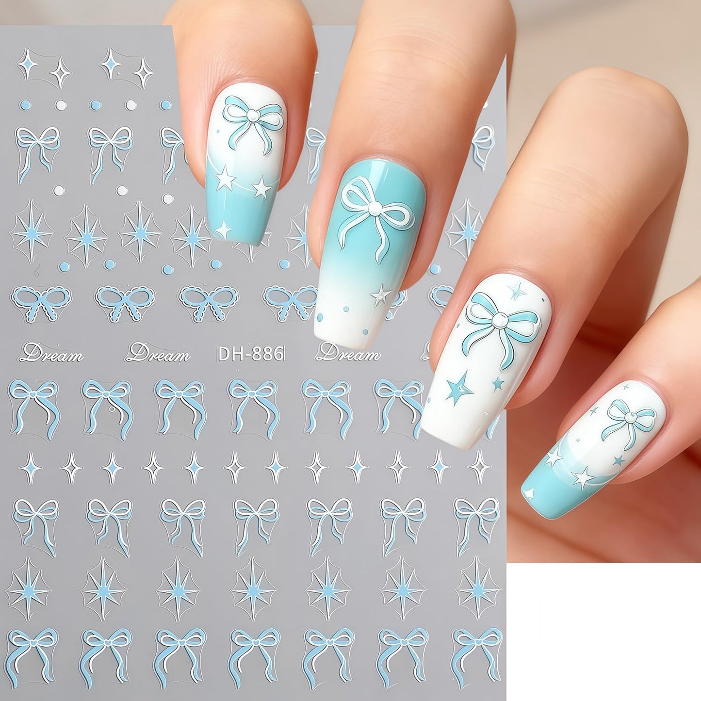 Bow Nail Art Stickers Valentines Nail Decals 3D Self Adhesive Black Blue Pink Bow Starlight Nail Stickers Cute Bows Nails Sticker Decals for Women Holiday Valentines DIY Manicure Decoration 6 Sheets