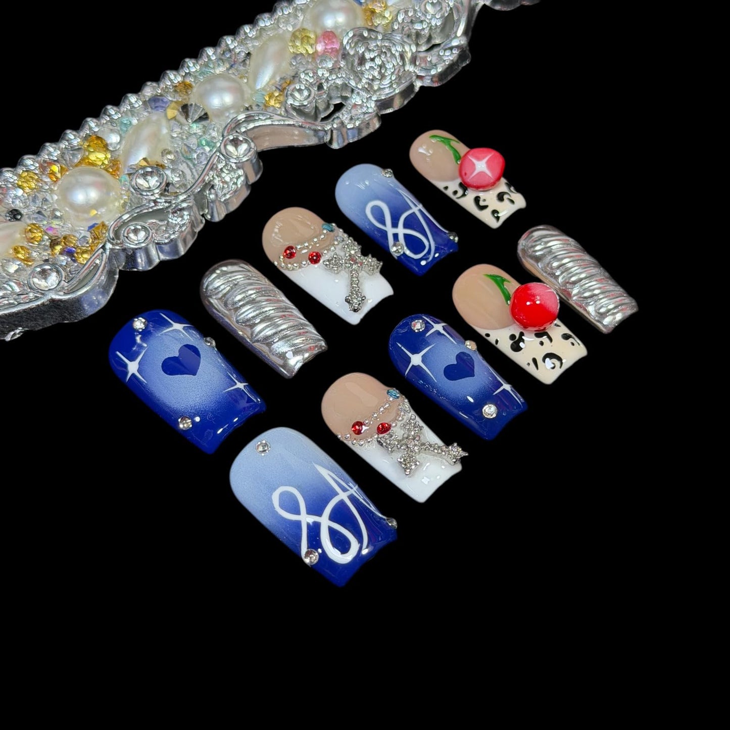 Handmade Press On Nails, Short Square Blue Nude with 3D Cherry, Rhinestone Chrome Acrylic, Reusable Stick On Nails Rebel Symphony (M)