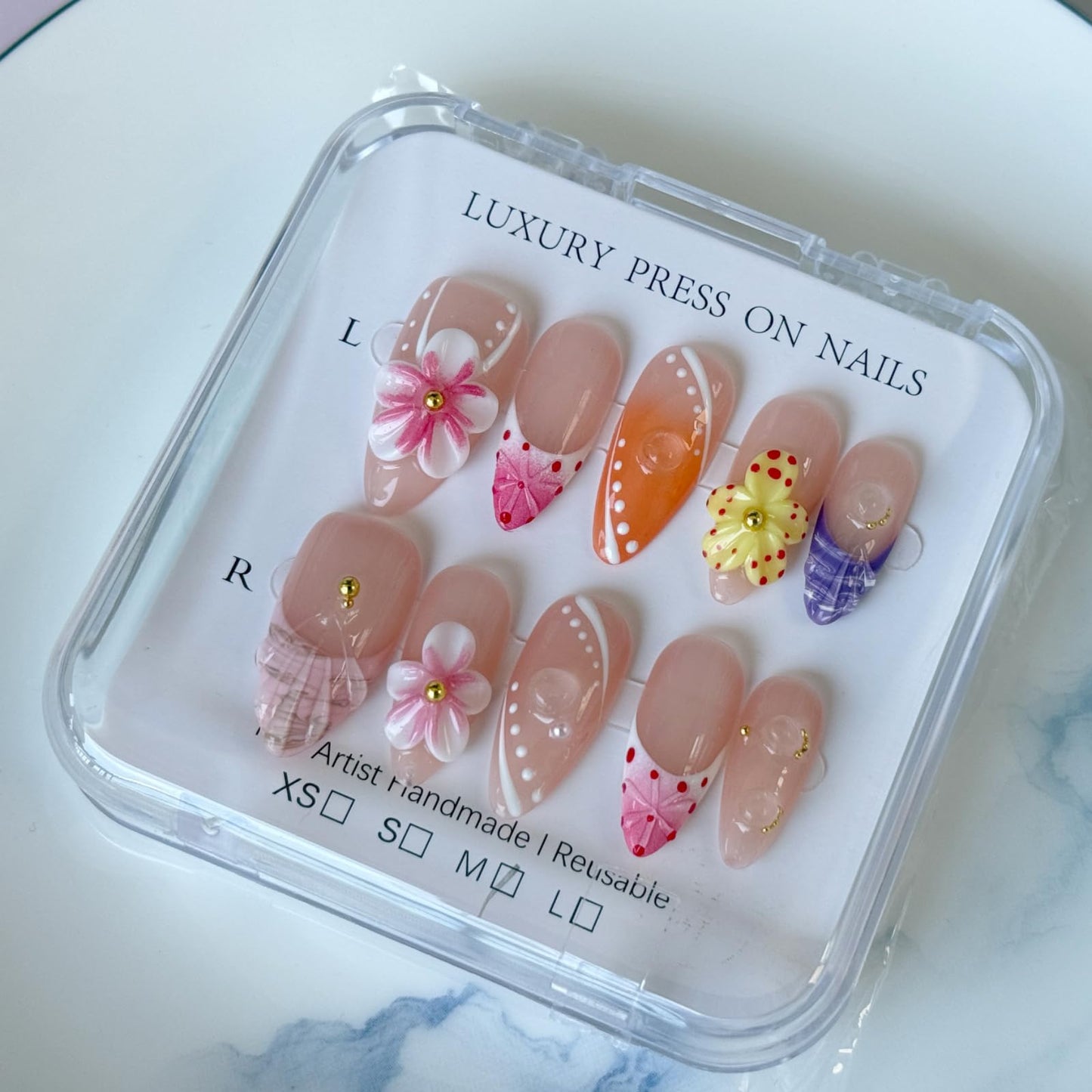 Haozerart Handmade Press on Nails, Cute Medium Almond with 3D Floral & Gold Pearl Designs, Reusable Fake Nails 10Pcs for Women & Girls (M Size)