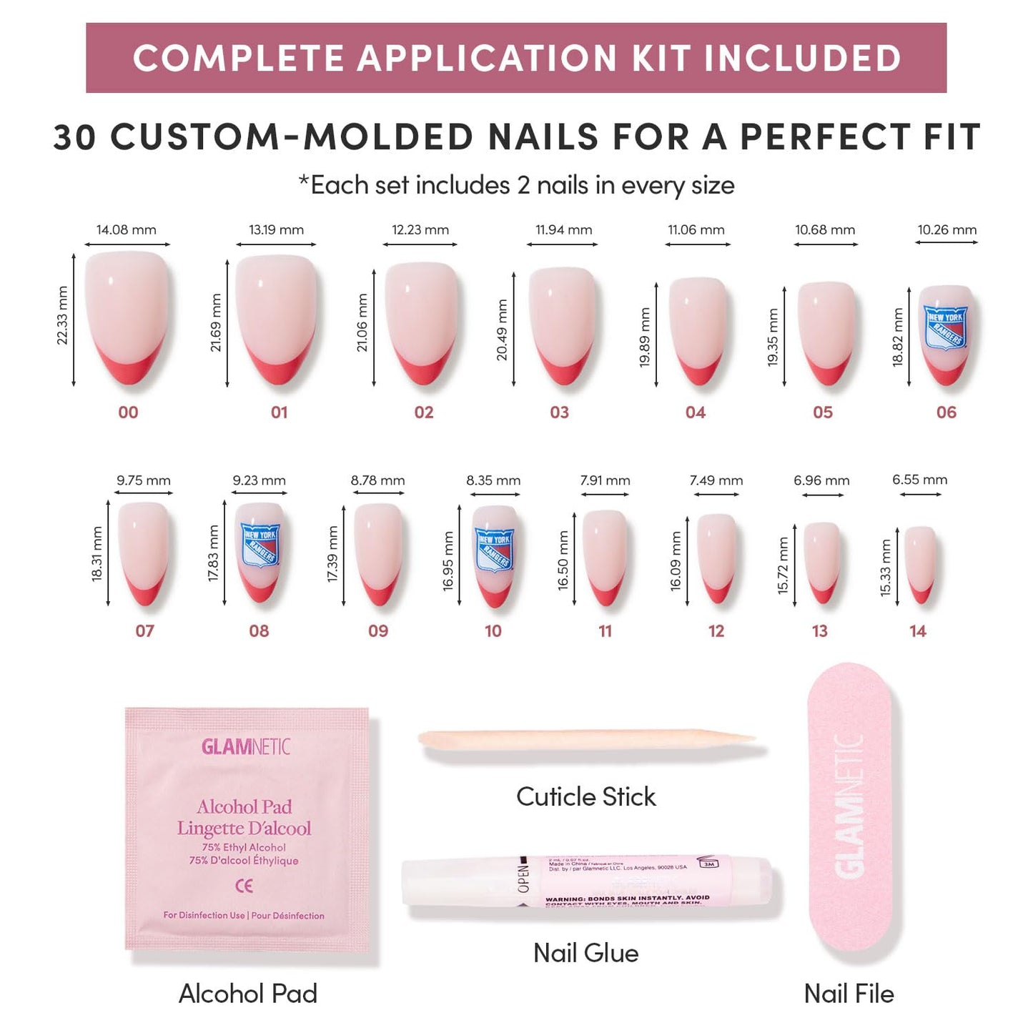 Glamnetic x Fanatics Press On Nails - New York Rangers | Short Almond Fake Nails, NHL Rangers Red French Tips, Hockey Nails, Salon-Quality | 15 Sizes - 30 Nail Kit with Glue