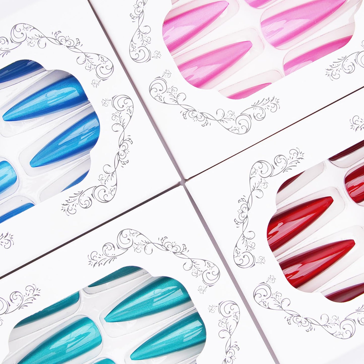 KKUUOO 4 Pack Stiletto Press on Nails Long - 4 Color Fake Nails with Glitter | Full Cover Glossy Acrylic Nail,Reusable False Nails Women 96Pcs(Red Pink Blue Lake Blue)