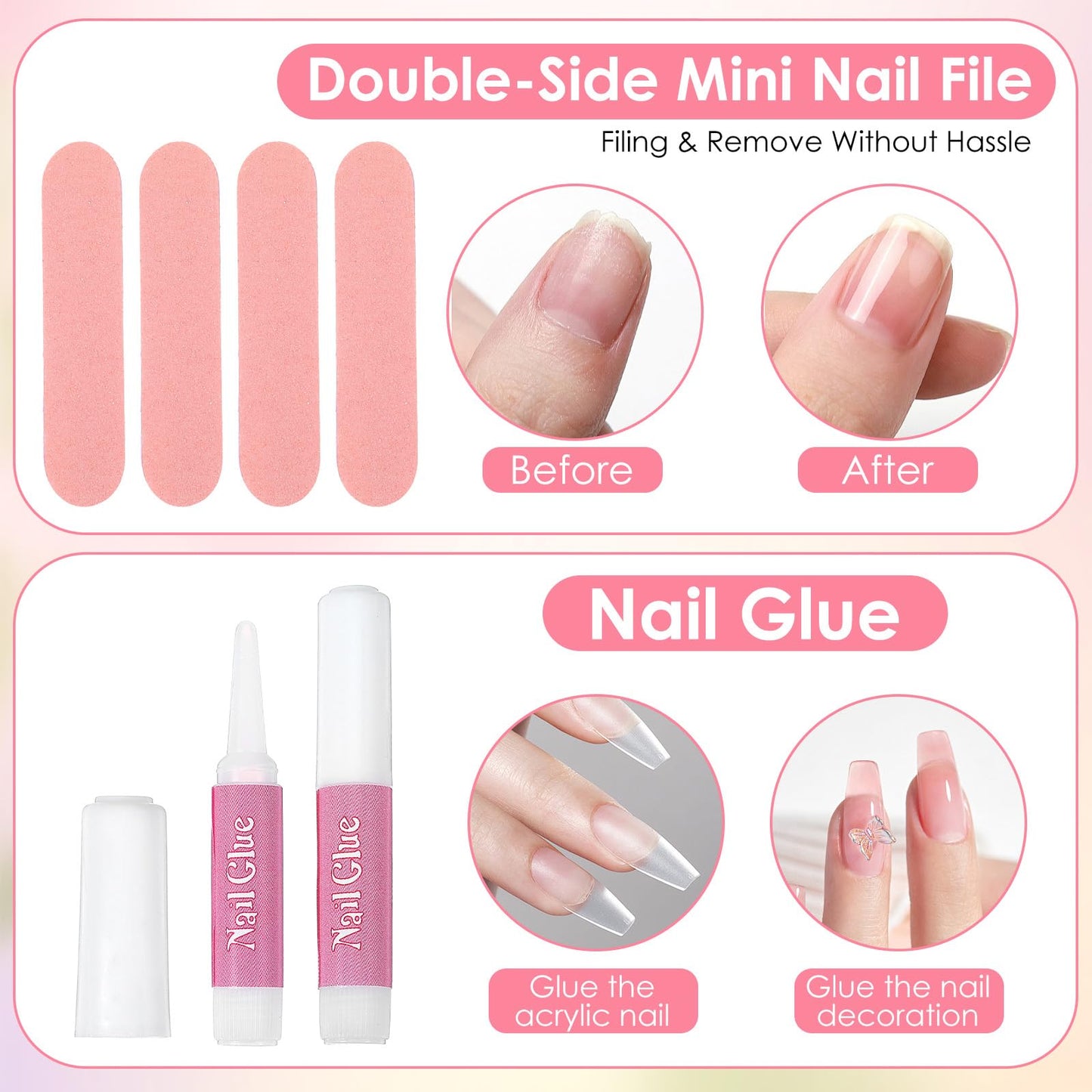 100 Pcs Pink Press On Nail Tool Kit for Business - Prep Application Disposable Kit with File, Glue, Prep Pads, Adhesive Tabs, Wood Stick, Holographic Bag