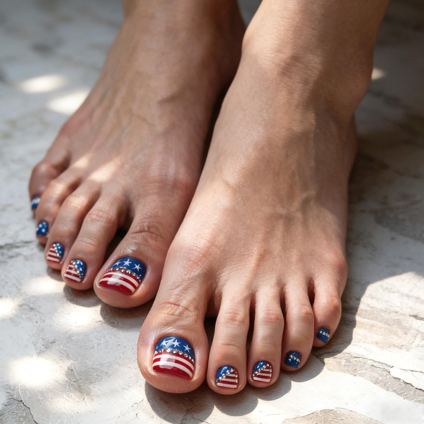 4th of July Press on Toenails Red White Blue Fake Toe nails with Rhinestone Designs Glossy Short Square Acrylic Toe Nail Press ons Independence Day Stick on Toenails for Women 24Pcs