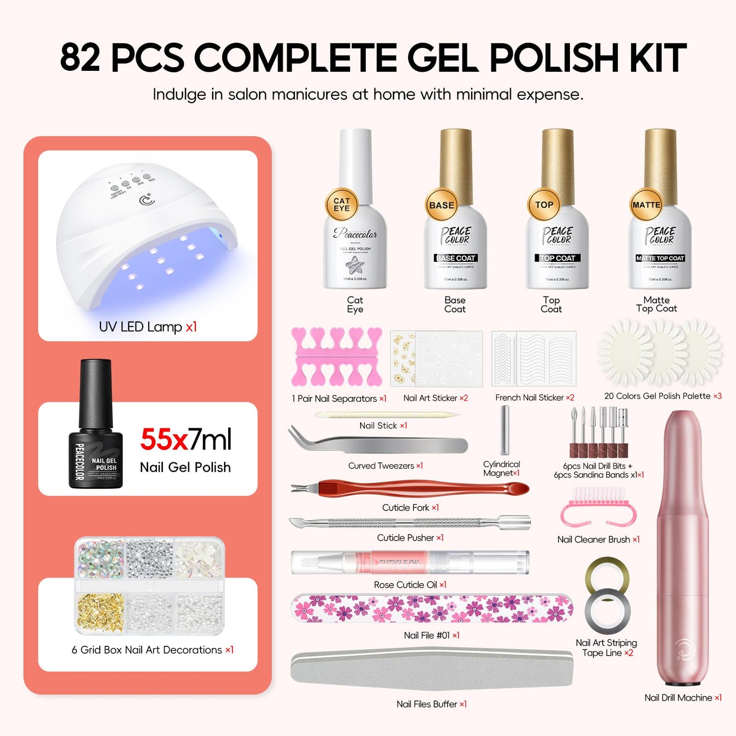 Peacecolor 83Pcs Gel Nail Polish Kit with U V Light and Drill, 56 Colors All Seasons Soak Off Gel Polish Set Cat Eye Gel with Matte/Glossy Glitter Base Top Coat Manicure Nail Kit Gifts for Women Girls