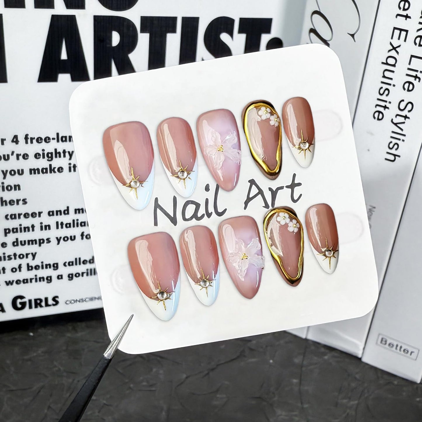 White French Tip Press on Nails Short Almond Fake Nails Handmade Press on Nails Flower False Nails Golden Embossed Designs Full Cover Muti-Layer Gel Stick on Nail Acrylic Nails for Women (Size M)