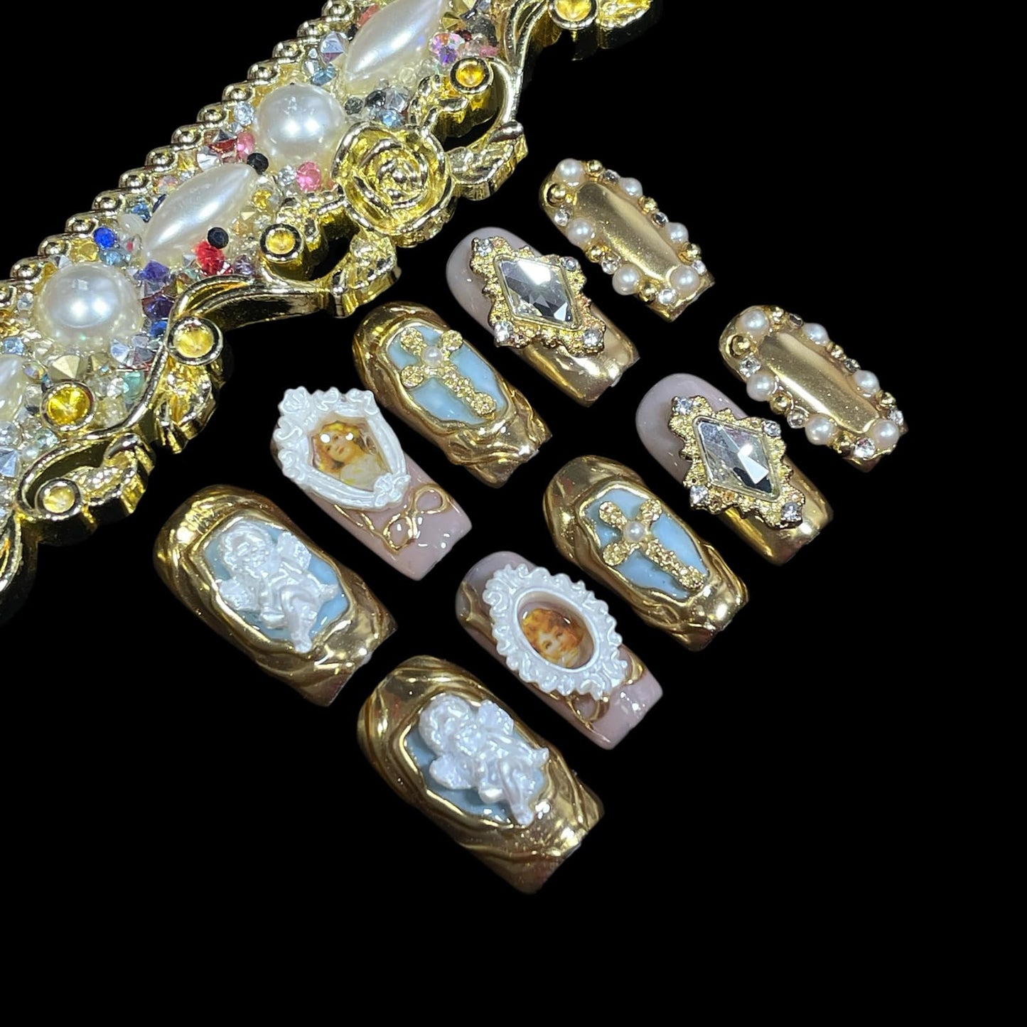 Handmade Press On Nails Luxury Baroque Gold Cross, Cherubs & Pearl Frames | Medium/Short Square | Reusable Thick Acrylic False Nails (Baroque, M)