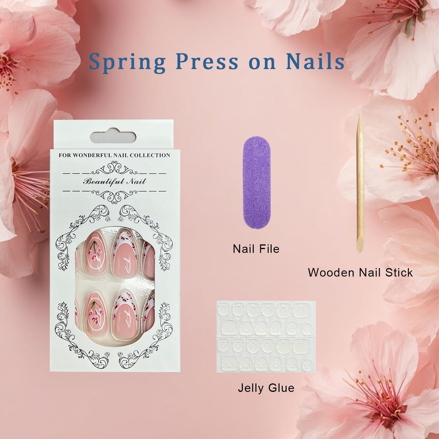 Pink Flower Press on Nails Medium Almond Fake Nails with Pink Tulip Design White French Tip False Nail Spring Full Cover Glossy Stick on Nail For Women Manicure 24 Pcs