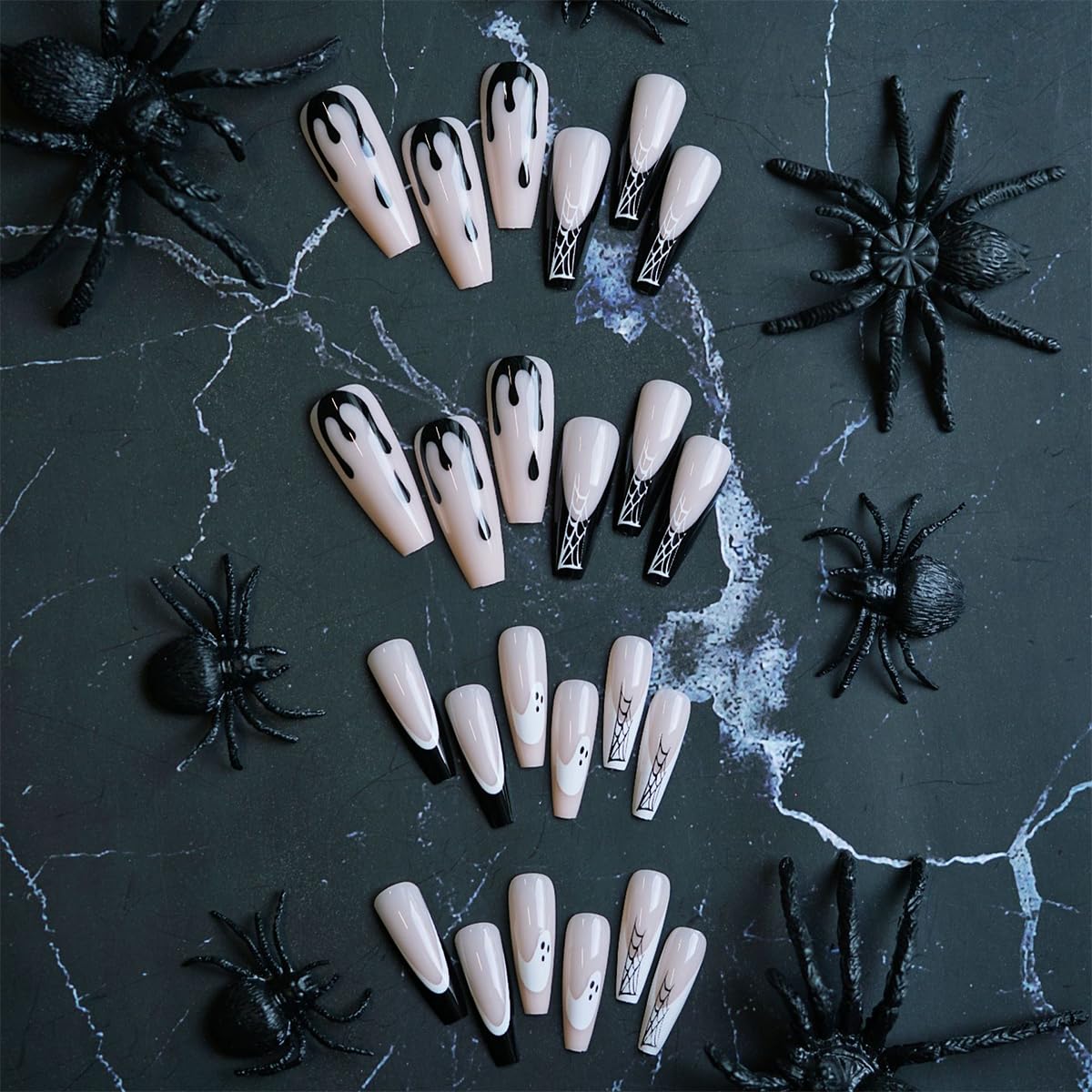 Halloween Press on Nails Long Coffin Fake Nails Cute Ghost False Nails with Designs Spooky Spider Web Glue on Nails Full Cover Nude Acrylic Nail White Black French Tip Nail for Women 24 Pcs