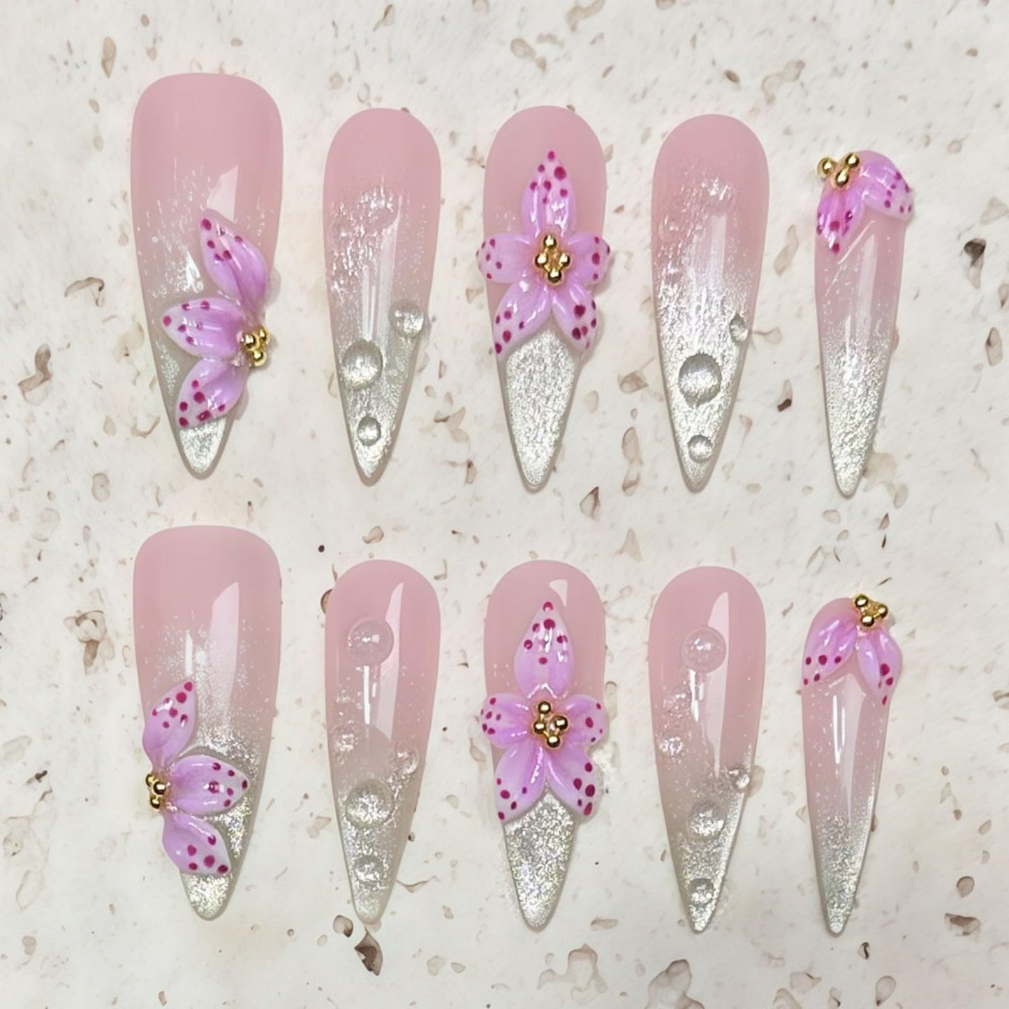 Handmade Press on Nails Long Almond Tip Fake Nails Summer 3D Flowers Design Nails Press Ons with Glossy Cat Eyes Reusable False Nails Luxury Full Cover Stick on Nail for Women Manicure 10Pcs (Size M)