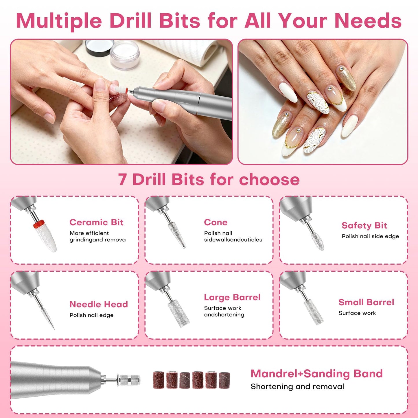 Electric Nail Drill Professional: Rechargeable Nail File with Bits for Acrylic Gel Nails, Professional Nail Drill Manicure Pedicure Polishing Shape Tools for Home Salon (White)