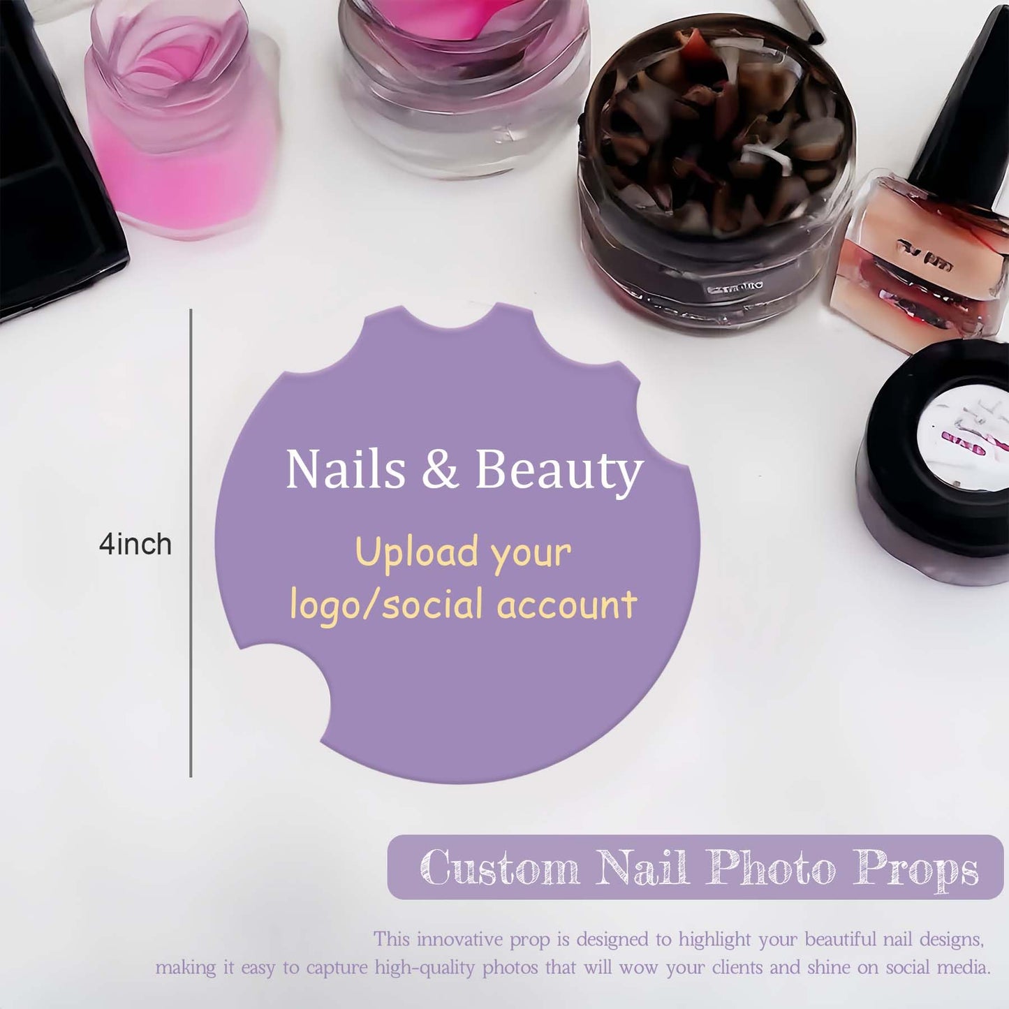 zyinoant 2Pcs Custom Nail Picture Props Personalized Logo Nail Tech Decor Acrylic Nailfie Disk with Social Media Salon Nail Display Stand Nail Polish Display Gifts for Nail Artist (Round)