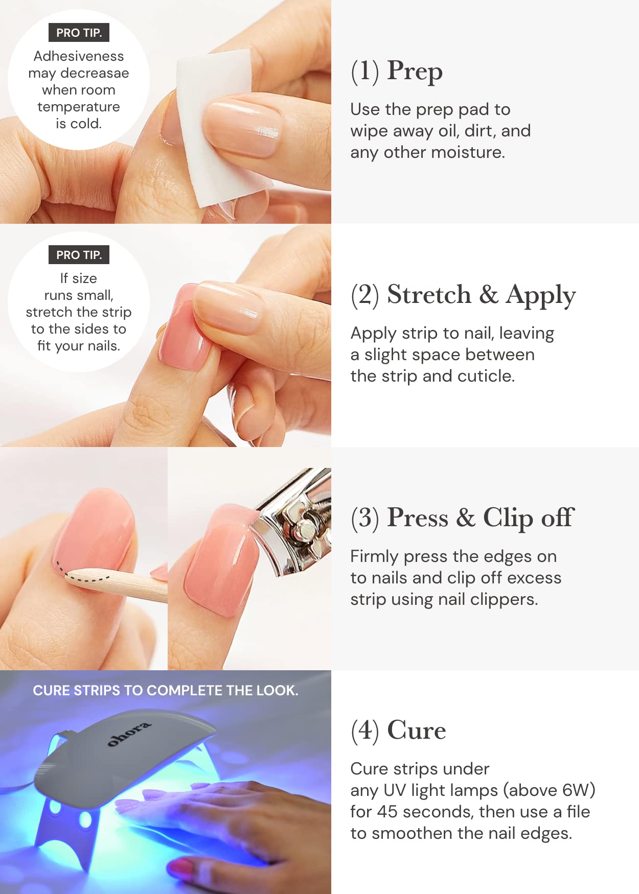 ohora Semi Cured Gel Nail Strips (N Bare Apricot) - Nude, Solid, Works with Any UV/LED Lamps, Salon-Quality, Long Lasting, Easy to Apply & Remove - Includes 2 Prep Pads, Nail File & Wooden Stick