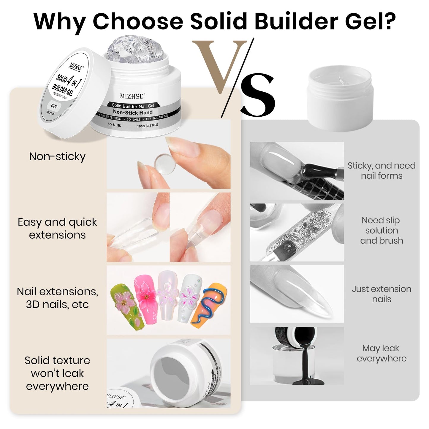 MIZHSE 100g Solid Builder Gel for Nails, Large Capacity Clear Hard Gel 3D Sculpting for Nail Art U V LED Builder Kit with 3D Silicone Pen, for Salon Home DIY
