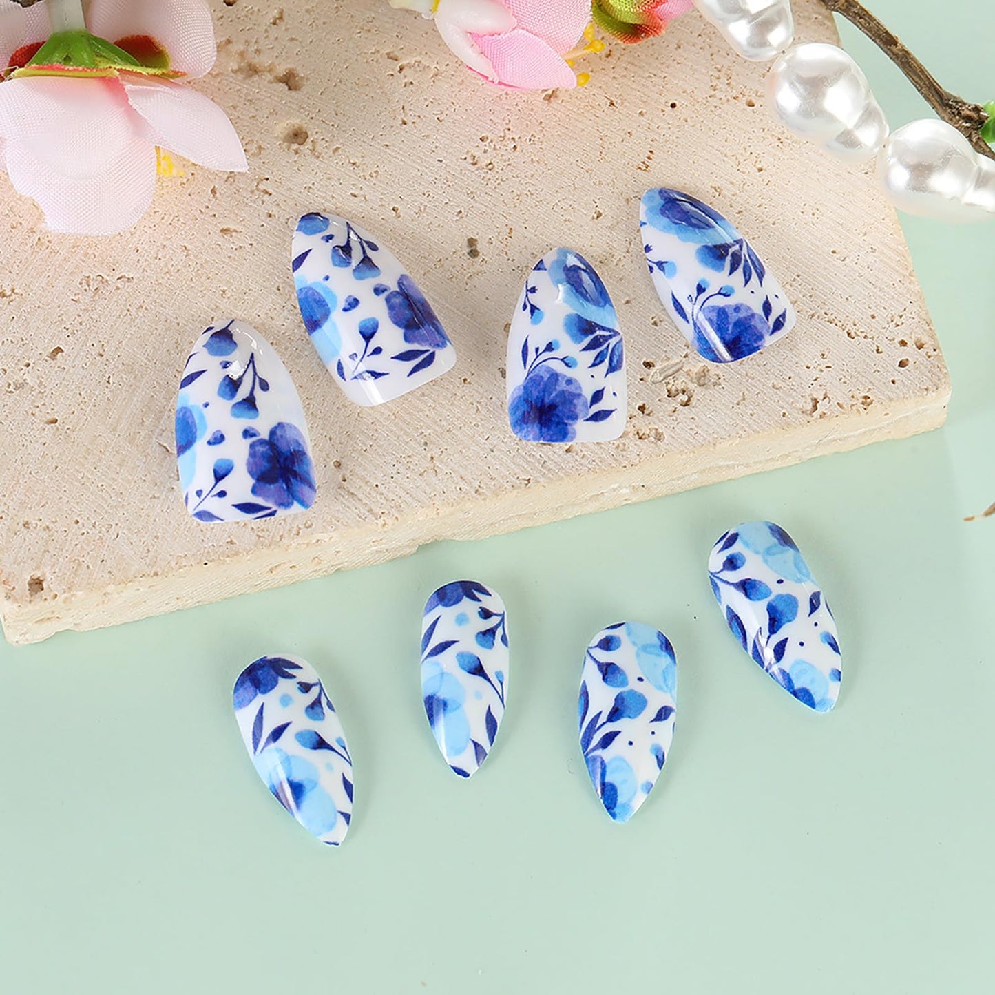 Rilafuvu Press on Nails Almond Fake Nails Short False Nail Blue and White Porcelain Acrylic Nails Full Cover Glue on Nail Glossy Stick on Nail Floral Acrylic Press on Nails Cute/lovely 24Pcs-12Sizes