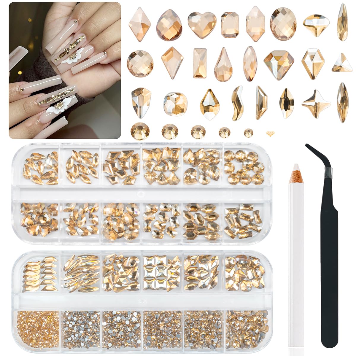 qiipii 24 Styles Champagne Gold Nail Rhinestones Multi Shapes K9 Glass Flatback Crystals Gems Round Beads Stones Diamonds Jewels Nail Art Charms Supplies for Nails Face Eyes Makeup Crafts Clothes