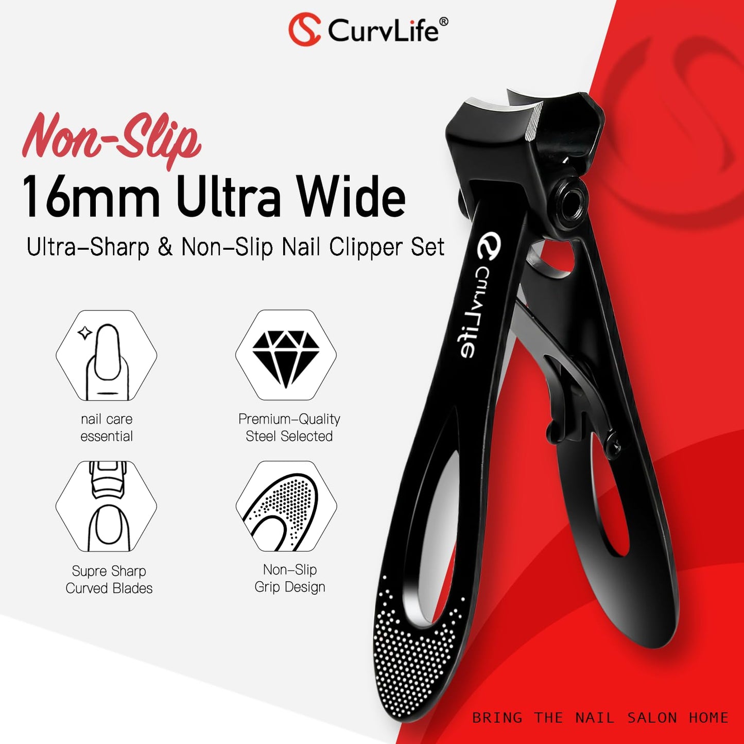 CurvLife Nail Clipper & Nail File Set, Heavy Duty Wide Jaw Toenail Clipper for Thick Nails, Anti-Splash Catcher, Non-Slip Grip, Curved Blade Trimmer with Safety Lock